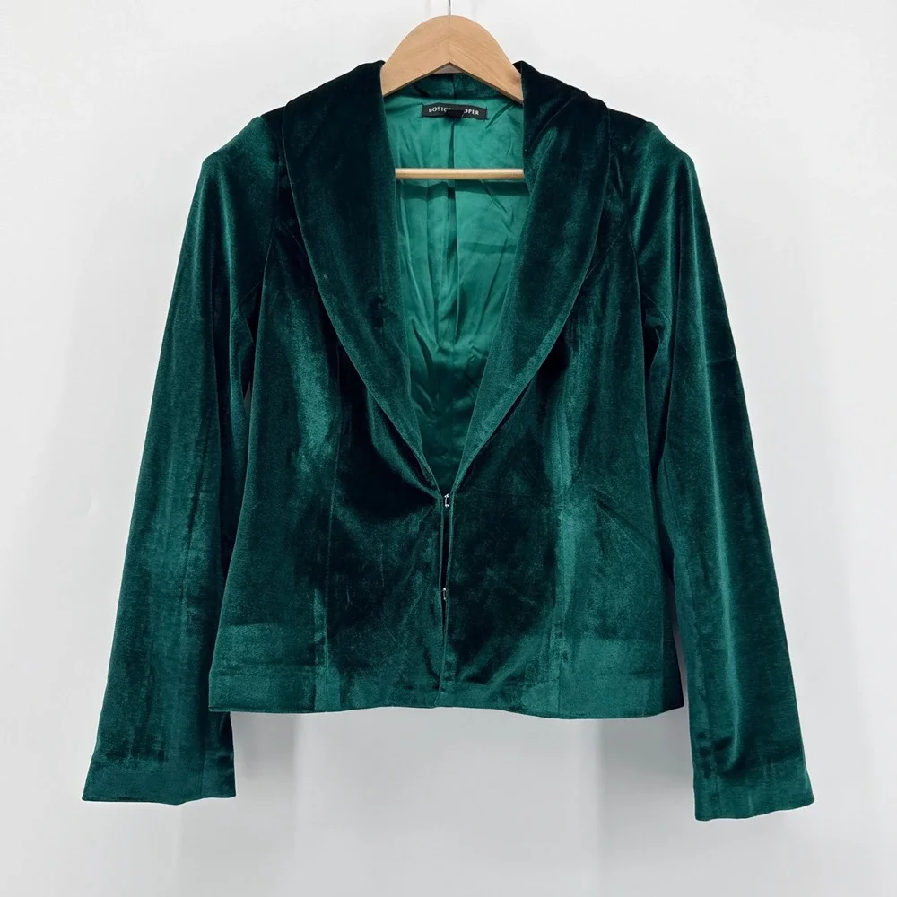 Boston Proper‎ Emerald Green Velvet Shawl Collar Blazer Jacket Hook Eye Size 4